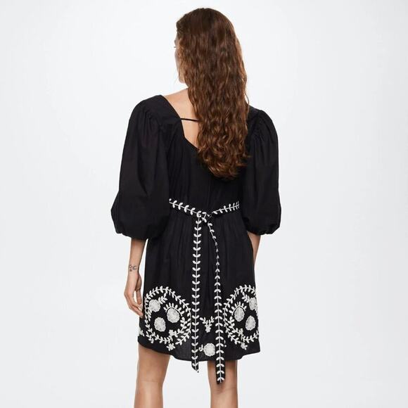 🖤 MANGO Puff Sleeve Mini Dress NWT | Embroidered Cotton Bow Back 6 - Picture 7 of 14